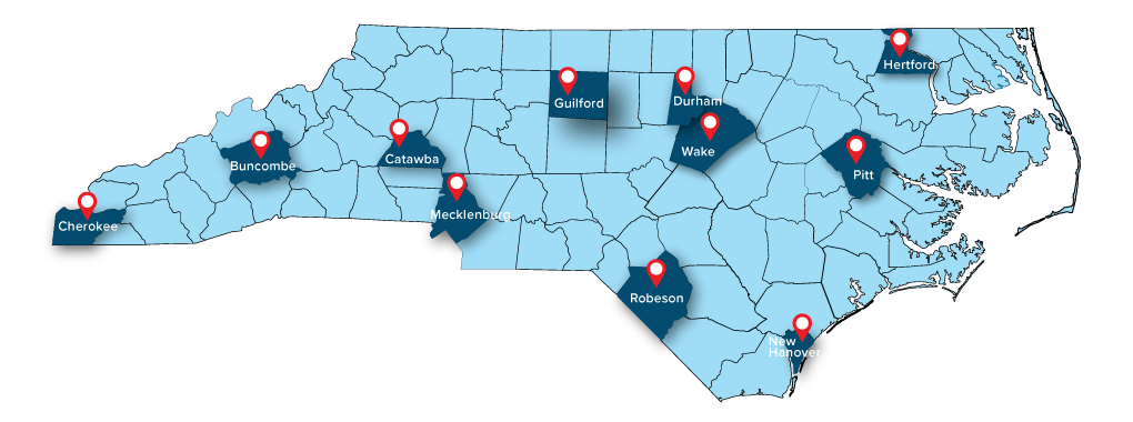 Map of North Carolina, showing the first 11 Civic Credit Union branch loactions