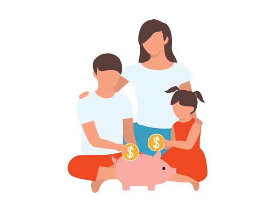 Mother teaching her two children saving money.