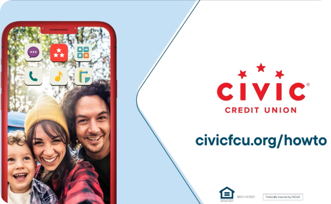 Phone showing the Civic app on the home screen and web address civicfcu.org/howto. 