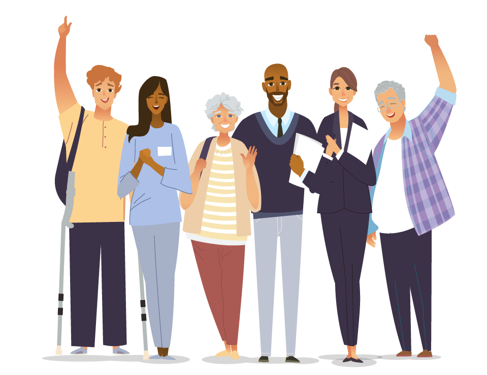 Graphic of a diverse group of people standing together, representing different backgrounds, ethnicities, and ages.