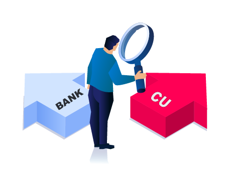 Graphic of a person holding a magnifying glass, carefully examining two paths: one leading to a Credit Union and the other to a Bank.
