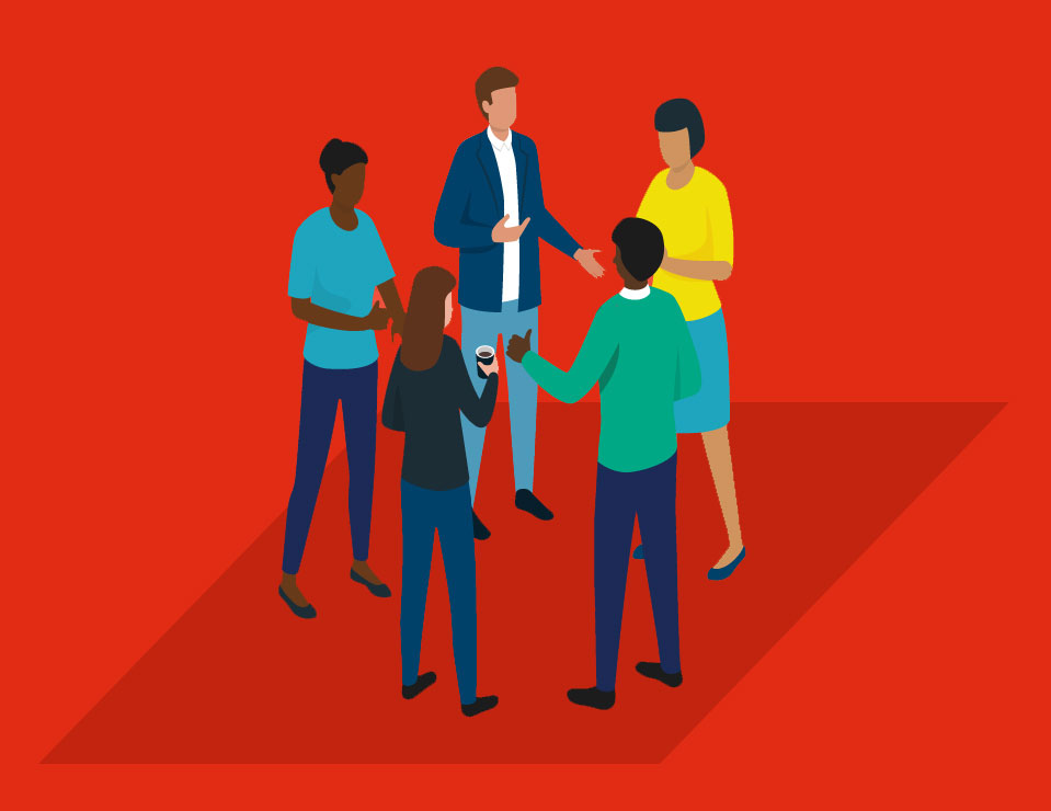 Graphic of diverse individuals gathered around in a circle, symbolizing unity and collaboration across different backgrounds.