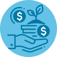 hand icon holding a stack of books and money.
