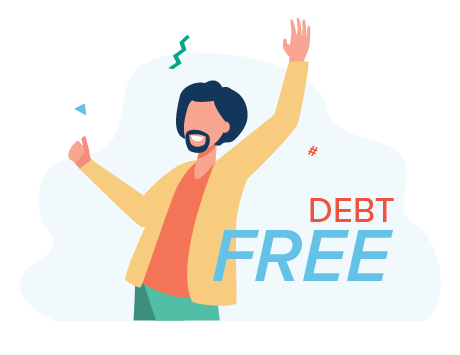 Graphic of a person with arms raised in the air, celebrating and expressing joy, symbolizing the achievement of being debt-free.