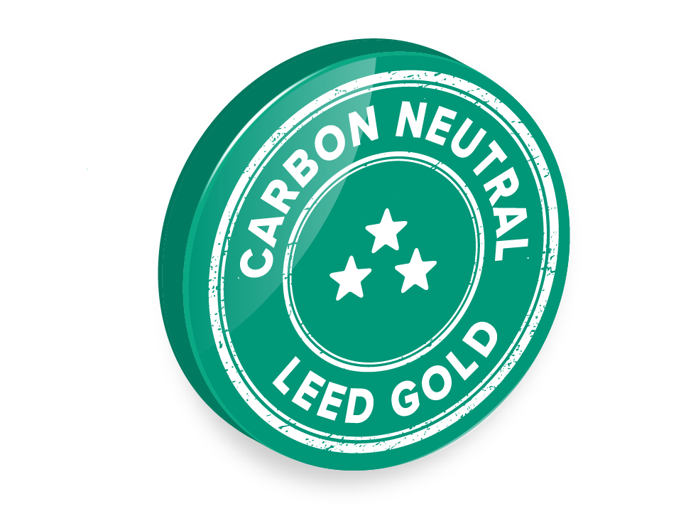 Graphic featuring the "Carbon Neutral" and "LEED Gold" logos, symbolizing sustainability and eco-friendly practices in construction and design.