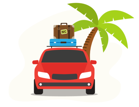 Graphic of a red car with suitcases strapped to the roof, packed and ready for a vacation.
