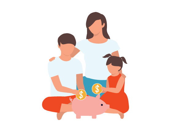 Graphic of a mother and her two children placing coins into a piggy bank together, symbolizing saving and financial responsibility.