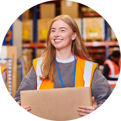 Young girl working her first job in a warehouse.