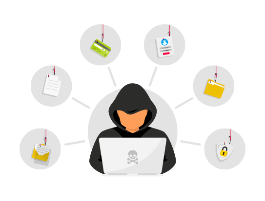 Hacker sitting at the desktop and phishing stealing private personal data, user login, password, document, email and credit card.