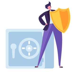 Graphic of a person holding a shield, standing protectively in front of a large safe, symbolizing security and protection.