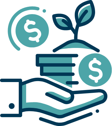 Graphic of a hand holding a money plant, symbolizing growth, prosperity, and financial care.