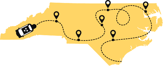 Graphic of the state of North Carolina with location points marked on a map, indicating the locations of Civic Branches across the state.