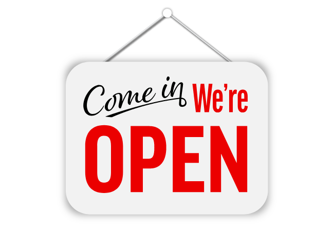 Graphic of a Come in, We're open sign