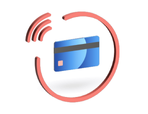 Graphic of a credit card with a "tap-to-pay" symbol, indicating contactless payment.