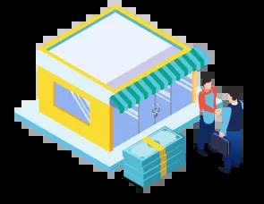 Graphic of a storefront with a transaction happening, where goods are being exchanged for cash.