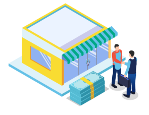 Graphic of a storefront with a transaction happening, where goods are being exchanged for cash.