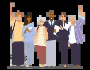 Graphic of a diverse group of people standing together, representing different backgrounds, ethnicities, and ages.