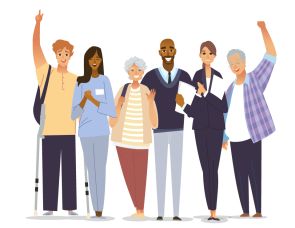 Graphic of a diverse group of people standing together, representing different backgrounds, ethnicities, and ages.
