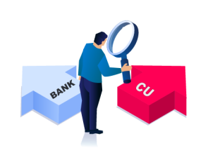 Graphic of a person holding a magnifying glass, carefully examining two paths: one leading to a Credit Union and the other to a Bank.