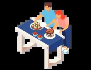 Graphic of two individuals setting the table for a budget-friendly gathering.