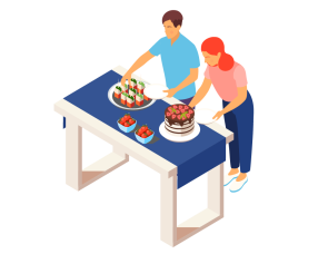Graphic of two individuals setting the table for a budget-friendly gathering.