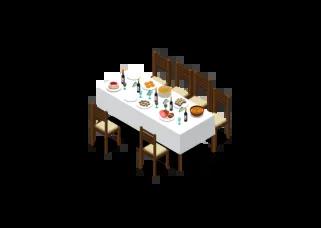 Graphic of a dining table neatly set for company, with plates, glasses, utensils, and decorative elements, ready for a gathering.