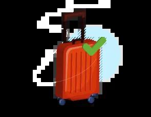 Graphic of a red roller suitcase, with wheels and a handle, ready for travel.