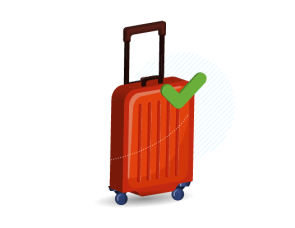 Graphic of a red roller suitcase, with wheels and a handle, ready for travel.