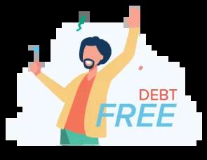Graphic of a person with arms raised in the air, celebrating and expressing joy, symbolizing the achievement of being debt-free.