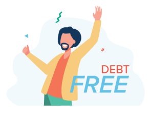 Graphic of a person with arms raised in the air, celebrating and expressing joy, symbolizing the achievement of being debt-free.