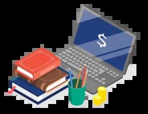 Graphic of school supplies, including a laptop, books, and pencils, arranged neatly.