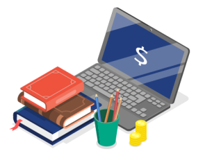 Graphic of school supplies, including a laptop, books, and pencils, arranged neatly.