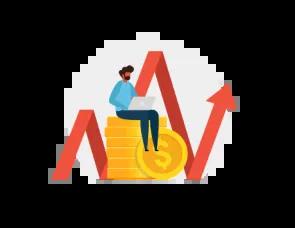 Graphic of a person sitting on a stack of coins with a rising graph in the background, symbolizing financial growth and success.