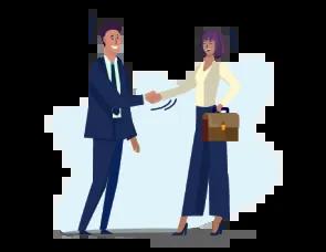Graphic of a businessman and businesswoman shaking hands in a professional setting.