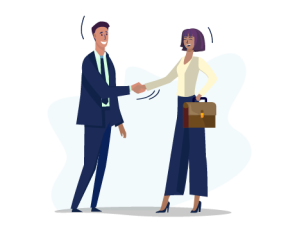 Graphic of a businessman and businesswoman shaking hands in a professional setting.