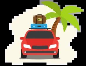 Graphic of a red car with suitcases strapped to the roof, packed and ready for a vacation.