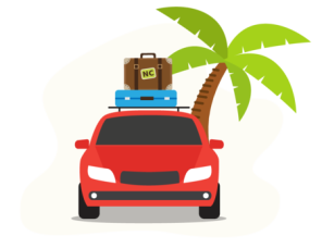 Graphic of a red car with suitcases strapped to the roof, packed and ready for a vacation.