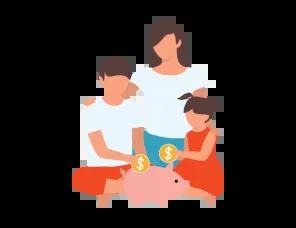 Graphic of a mother and her two children placing coins into a piggy bank together, symbolizing saving and financial responsibility.