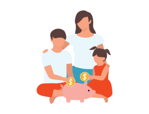 Graphic of a mother and her two children placing coins into a piggy bank together, symbolizing saving and financial responsibility.