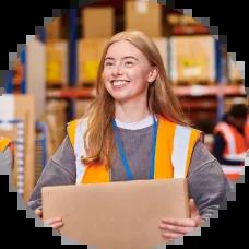 Young girl working her first job in a warehouse.