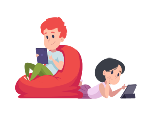 School age children holding and playing with smartphones and tablets.