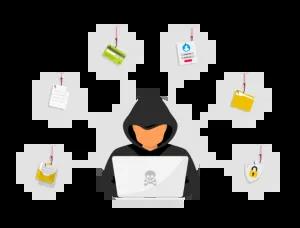 Hacker sitting at the desktop and phishing stealing private personal data, user login, password, document, email and credit card.