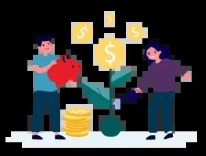 Graphic of a money plant being watered, with coins growing on the plant's leaves, symbolizing growth and prosperity.