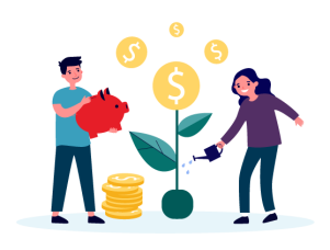 Graphic of a money plant being watered, with coins growing on the plant's leaves, symbolizing growth and prosperity.