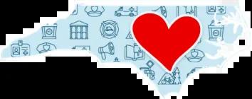 Graphic of the state of North Carolina with a large heart in the center, symbolizing local government support and love.