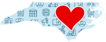 Graphic of the state of North Carolina with a large heart in the center, symbolizing local government support and love.