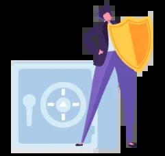 Graphic of a person holding a shield, standing protectively in front of a large safe, symbolizing security and protection.