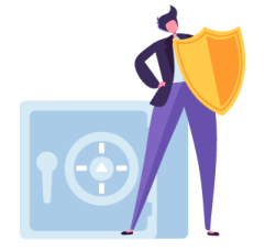 Graphic of a person holding a shield, standing protectively in front of a large safe, symbolizing security and protection.