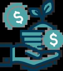 Graphic of a hand holding a money plant, symbolizing growth, prosperity, and financial care.