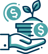Graphic of a hand holding a money plant, symbolizing growth, prosperity, and financial care.